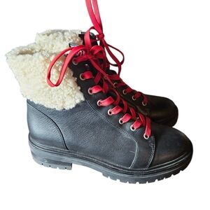 Kennerh Cole Womens Black Leather Waterproof Combat Boot Style Chunky Heel .